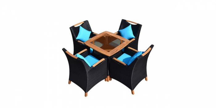 Ratan table with 4 chairs, wooden frame,