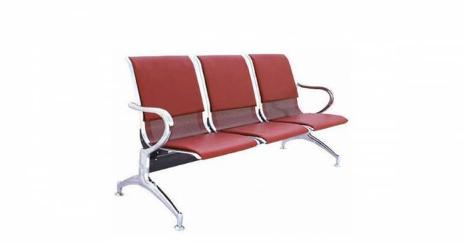 Waiting chair 3-seater, red, separate PVC leather backrest and seat