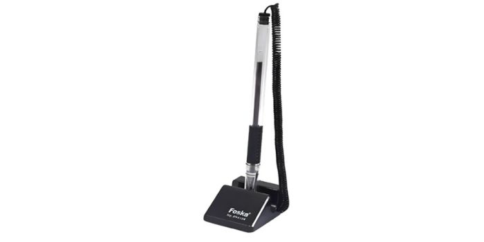 Desk pen with stand, adhesive mount