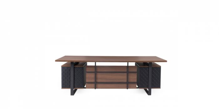 Table ROHAN, metal foot, with leather inserts, dark walnut / black