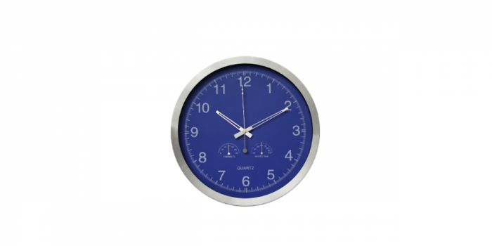 საათი კედლის ალუმინის, ჰიგრომეტრით და თერმომეტრით,Ø35x4.2სმ., ლურჯი